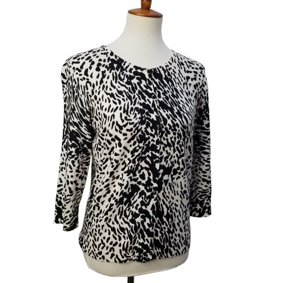 Talbots Cardigan Sweater Black White Animal Print Cotton Bl 3/4 Slv Petite S - Picture 3 of 12